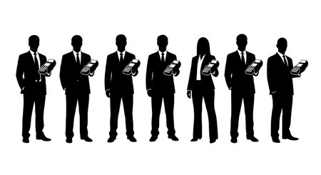 Black Solid Realtor Payment Machine Silhouettes Set of Six on White Background isolated on plain white background.のイラスト素材