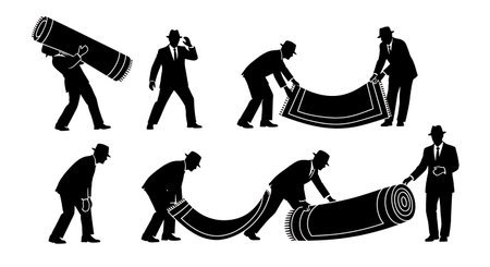 Black Solid Realtor Rolled Rug Silhouettes Set of Six on White Background isolated on plain white background.のイラスト素材