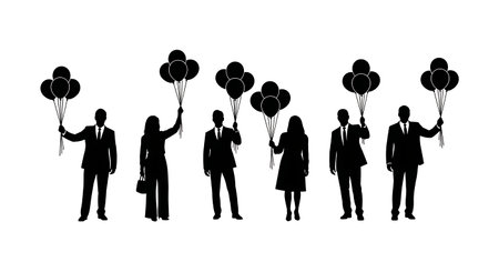 Black Solid Realtor Holding Balloons Silhouettes Set of Six on White Background isolated on plain white background.のイラスト素材