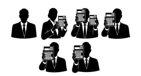 Black Solid Realtor Showing Calculator Silhouettes Set of Six on White Background isolated on plain white background.のイラスト素材