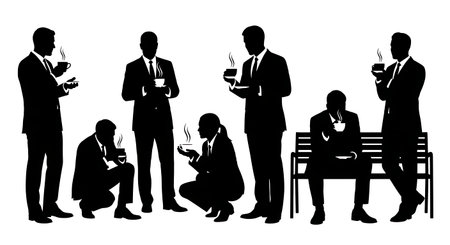 Black Solid Realtor Holding Tea Silhouettes Set of Six on White Background isolated on plain white background.のイラスト素材