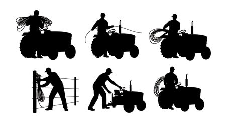 Black Solid Tractor Driver Carrying Rope Silhouettes Set of Six on White Background isolated on plain white background.のイラスト素材