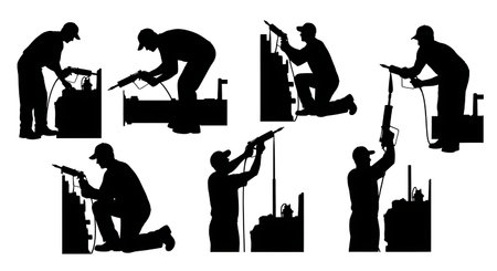 Black Solid Tractor Driver Greasing Machine Silhouettes Set of Six on White Background isolated on plain white background.のイラスト素材
