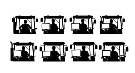 Black Solid Tractor Driver Checking Monitor Silhouettes Set of Six on White Background isolated on plain white background.のイラスト素材