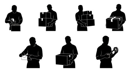 Black Solid Realtor Tape Dispenser Silhouettes Set of Six on White Background isolated on plain white background.のイラスト素材