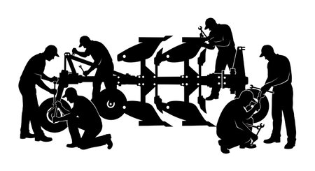 Black Solid Tractor Driver Tightening Plow Silhouettes Set of Six on White Background isolated on plain white background.のイラスト素材