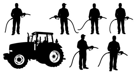 Black Solid Tractor Driver Holding Nozzle Silhouettes Set of Six on White Background isolated on plain white background.のイラスト素材