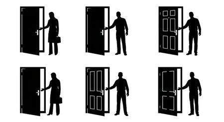 Black Solid Realtor Opening Door Silhouettes Set of Six on White Background isolated on plain white background.のイラスト素材