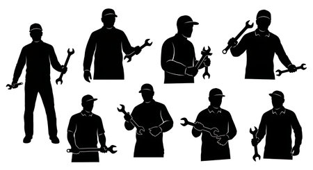 Black Solid Tractor Driver Holding Wrench Silhouettes Set of Six on White Background isolated on plain white background.のイラスト素材