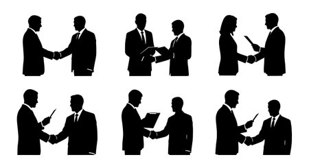 Black Solid Realtor Shaking Hands Silhouettes Set of Six on White Background isolated on plain white background.のイラスト素材