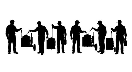 Black Solid Tractor Driver Reading Dipstick Silhouettes Set of Six on White Background isolated on plain white background.のイラスト素材