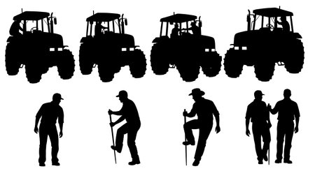 Black Solid Tractor Driver Climbing Down Silhouettes Set of Six on White Background isolated on plain white background.のイラスト素材