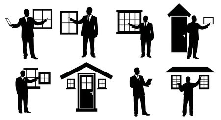 Black Solid Realtor Pointing Details Silhouettes Set of Six on White Background isolated on plain white background.のイラスト素材