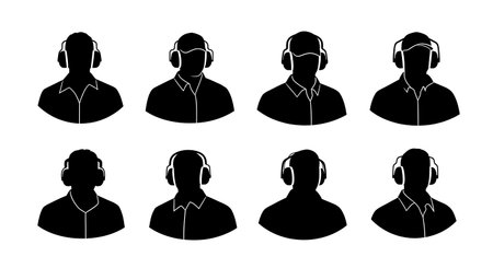 Black Solid Tractor Driver Ear Defenders Silhouettes Set of Six on White Background isolated on plain white background.のイラスト素材