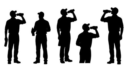 Black Solid Tractor Driver Drinking Water Silhouettes Set of Six on White Background isolated on plain white background.のイラスト素材