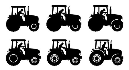 Black Solid Tractor Driver Leaning Window Silhouettes Set of Six on White Background isolated on plain white background.のイラスト素材