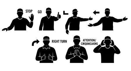 Black Solid Tractor Driver Hand Signals Silhouettes Set of Six on White Background isolated on plain white background.のイラスト素材