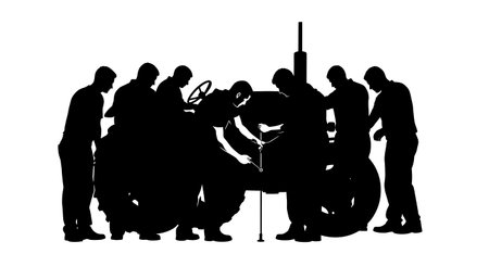 Black Solid Tractor Driver Checking Bolt Silhouettes Set of Six on White Background isolated on plain white background.のイラスト素材