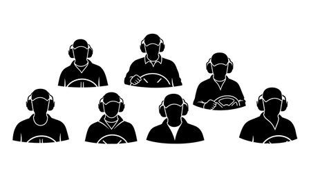Black Solid Tractor Driver Ear Defenders Silhouettes Set of Six on White Background isolated on plain white background.のイラスト素材