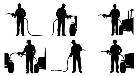 Black Solid Tractor Driver Holding Nozzle Silhouettes Set of Six on White Background isolated on plain white background.のイラスト素材