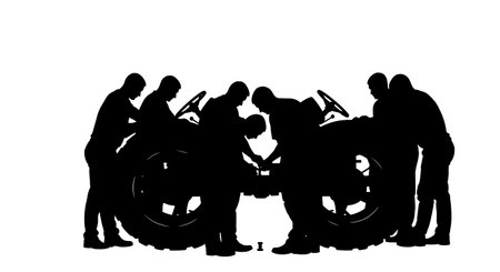 Black Solid Tractor Driver Checking Bolt Silhouettes Set of Six on White Background isolated on plain white background.のイラスト素材