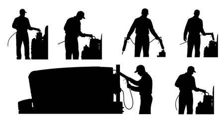Black Solid Tractor Driver Greasing Machine Silhouettes Set of Six on White Background isolated on plain white background.のイラスト素材