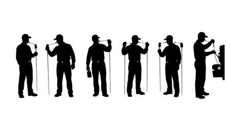 Black Solid Tractor Driver Reading Dipstick Silhouettes Set of Six on White Background isolated on plain white background.のイラスト素材