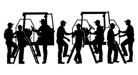 Black Solid Tractor Driver Climbing Steps Silhouettes Set of Six on White Background isolated on plain white background.のイラスト素材