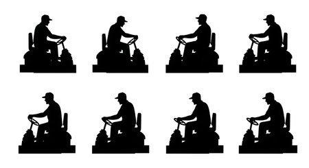 Black Solid Tractor Driver Shifting Gears Silhouettes Set of Six on White Background isolated on plain white background.のイラスト素材