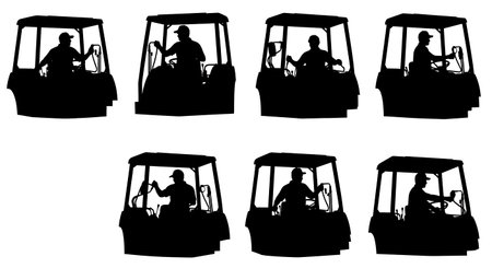 Black Solid Tractor Driver Operating Levers Silhouettes Set of Six on White Background isolated on plain white background.のイラスト素材