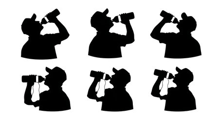 Black Solid Tractor Driver Drinking Water Silhouettes Set of Six on White Background isolated on plain white background.のイラスト素材