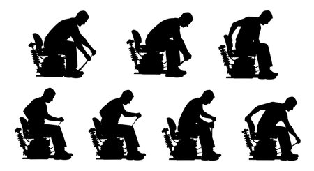 Black Solid Tractor Driver Adjusting Seat Silhouettes Set of Six on White Background isolated on plain white background.のイラスト素材