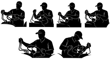 Black Solid Tractor Driver Operating Levers Silhouettes Set of Six on White Background isolated on plain white background.のイラスト素材