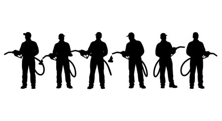 Black Solid Tractor Driver Holding Nozzle Silhouettes Set of Six on White Background isolated on plain white background.のイラスト素材