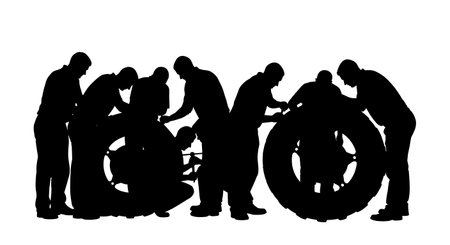 Black Solid Tractor Driver Checking Bolt Silhouettes Set of Six on White Background isolated on plain white background.のイラスト素材