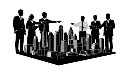 Black Solid Urban Planners with City Model Silhouettes Set of Six on White Background isolated on plain white background.のイラスト素材