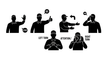 Black Solid Tractor Driver Hand Signals Silhouettes Set of Six on White Background isolated on plain white background.のイラスト素材