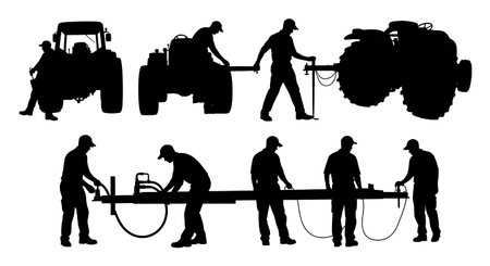 Black Solid Tractor Driver Hitching Trailer Silhouettes Set of Six on White Background isolated on plain white background.のイラスト素材