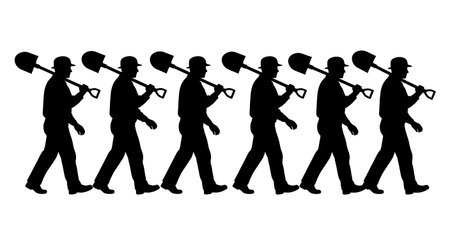 Black Solid Tractor Driver Shovel Shoulder Silhouettes Set of Six on White Background isolated on plain white background.のイラスト素材