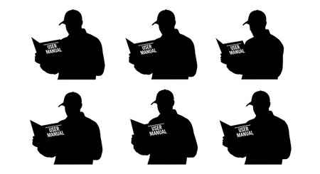 Black Solid Tractor Driver Reading Manual Silhouettes Set of Six on White Background isolated on plain white background.のイラスト素材