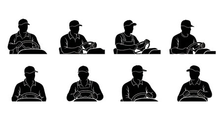 Black Solid Tractor Driver One Hand Steer Silhouettes Set of Six on White Background isolated on plain white background.のイラスト素材