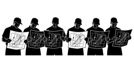 Black Solid Tractor Driver Reading Map Silhouettes Set of Six on White Background isolated on plain white background.のイラスト素材