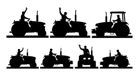 Black Solid Tractor Driver Waving Hello Silhouettes Set of Six on White Background isolated on plain white background.のイラスト素材