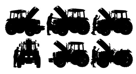 Black Solid Tractor Driver Opening Hood Silhouettes Set of Six on White Background isolated on plain white background.のイラスト素材