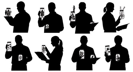 Black Solid Horticulturist Specimen Jar Silhouettes Set of Six on White Background isolated on plain white background.のイラスト素材