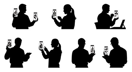 Black Solid Horticulturist Specimen Jar Silhouettes Set of Six on White Background isolated on plain white background.のイラスト素材