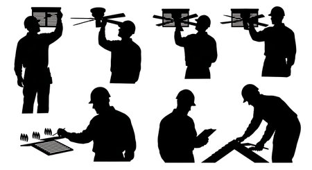 Black Solid Inspector Attic Fan Silhouettes Set of Six on White Background isolated on plain white background.のイラスト素材