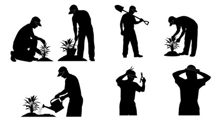 Black Solid Horticulturist Wearing Visor Silhouettes Set of Six on White Background isolated on plain white background.のイラスト素材