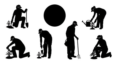 Black Solid Horticulturist Wearing Visor Silhouettes Set of Six on White Background isolated on plain white background.のイラスト素材