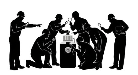 Black Solid Inspector Eyewash Bottle Silhouettes Set of Six on White Background isolated on plain white background.のイラスト素材